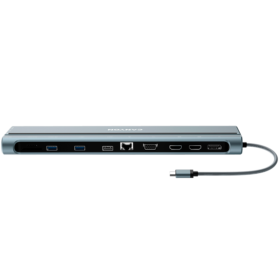 CANYON DS-90, 14-v-1 razdelilnik, s priključkoma Tipa C *2, priključkom Tipa C *1: maks. 10 Gbps, USB-A *3: maks. 10 Gbps, DP *1, VGA *1, reža za SD kartico *1, reža za TF kartico *1, 3,5 mm avdio priključek *1, HDMI 2, RJ45 1, dolžina kabla 0,20 m, ohišj