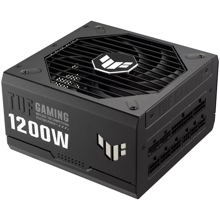 ASUS TUF Gaming 1200W 80 Plus Gold napajalnik, združljiv z ATX 3.0, popolnoma modularni etsirani kabli, vojaški certifikat, zasnova ventilatorja Axial-tech, dvojna ležaja krogličnih ventilatorjev, zaščitna prevleka PCB, garancija 10 let.