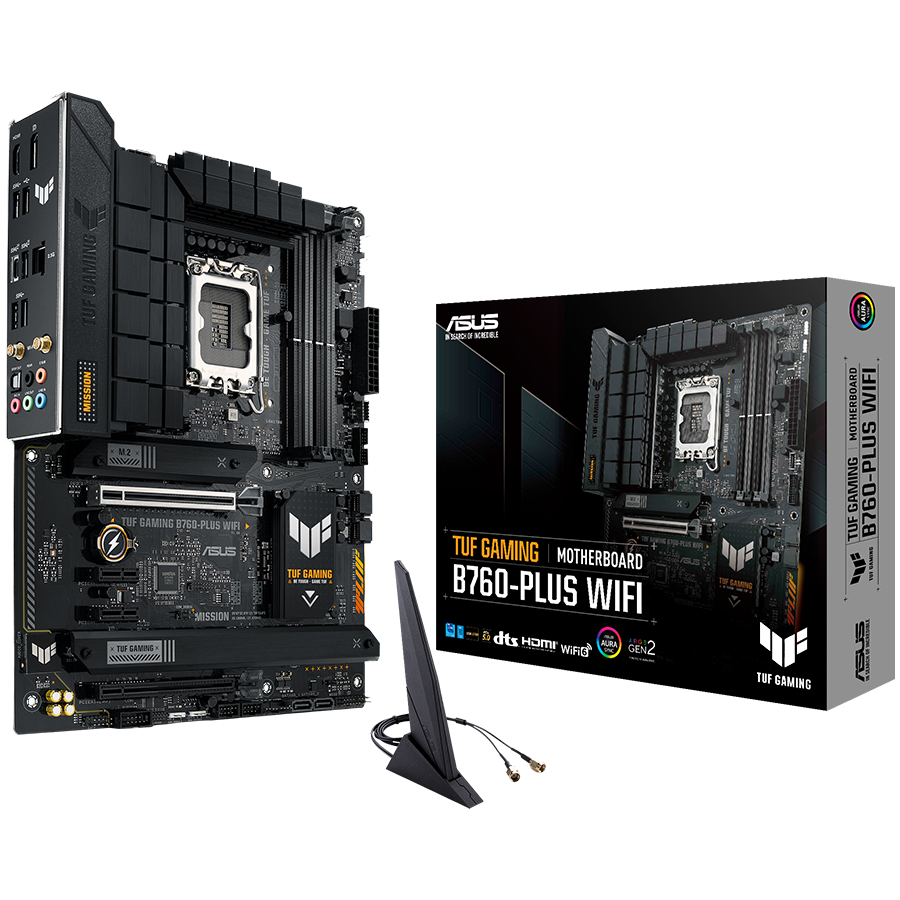 ASUS TUF GAMING B760-PLUS WIFI LGA1700 ATX gaming MB - Intel B760 4xDIMM DDR5 3xM.2 4xSATA PCIe 5.0 2.5Gb Ethernet WiFi 6 + Bluetooth 1xDisplayPort 1xHDMI with Aura Sync support