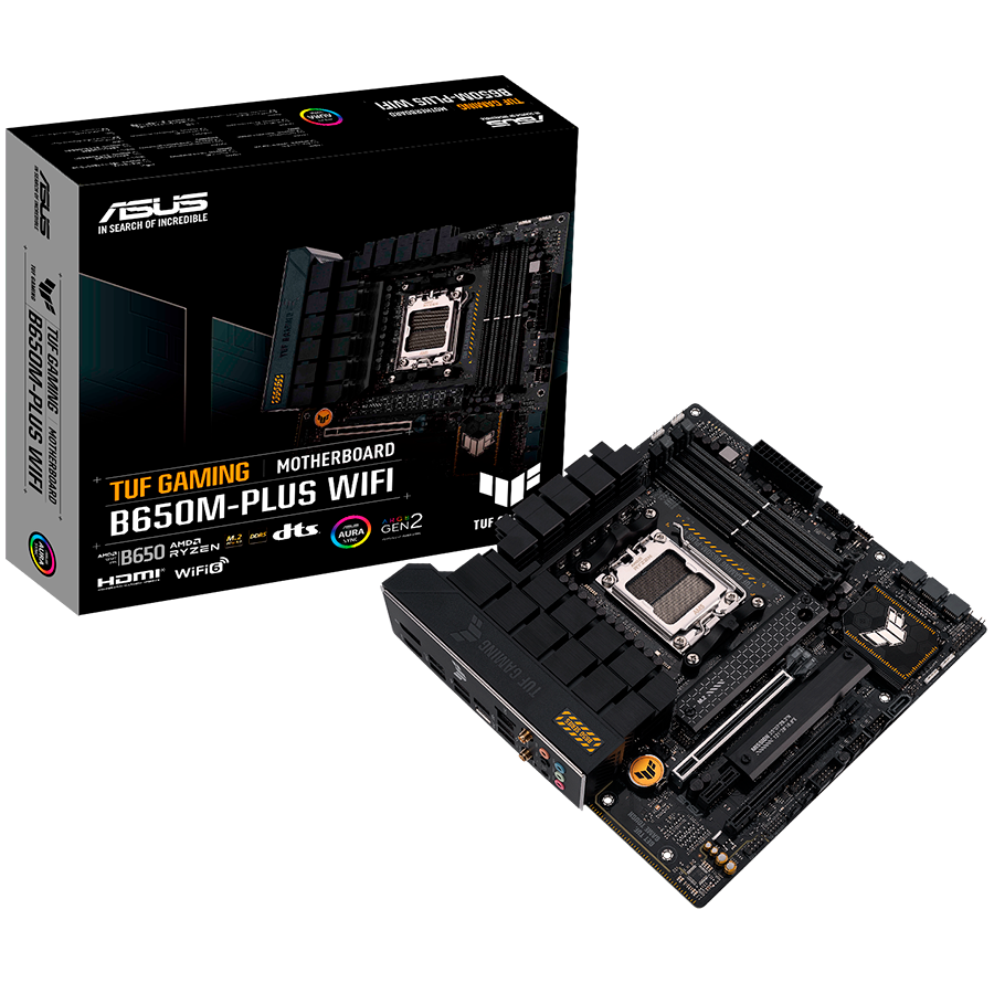 ASUS TUF GAMING B650M-PLUS WIFI AM5 mATX igralna matična plošča - AMD B650 4xDIMM DDR5 2xM.2 4xSATA PCIe 4.0 2.5Gb Ethernet WiFi 6 + Bluetooth 1xDisplayPort 1xHDMI s podporo za Aura Sync