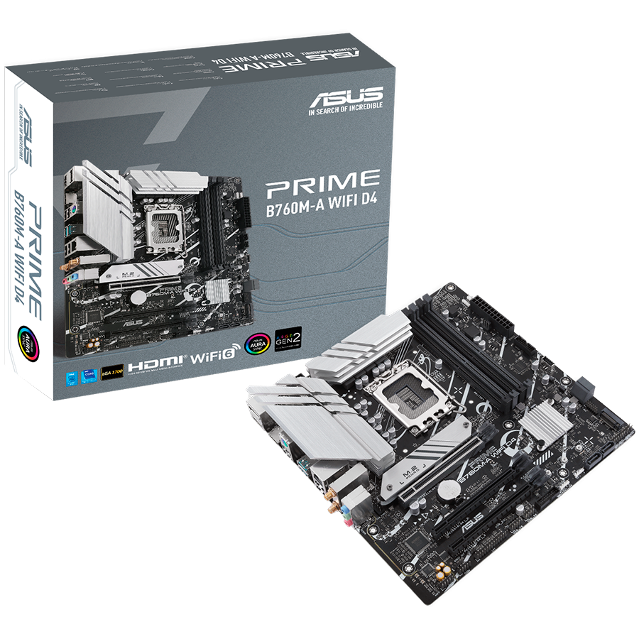 ASUS PRIME B760M-A WIFI D4 LGA1700 mATX matična plošča - Intel B760 4xDIMM DDR4 2xM.2 4xSATA PCIe 4.0 2.5Gb Ethernet WiFi 6 + Bluetooth 1xDisplayPort 2xHDMI s podporo za Aura Sync