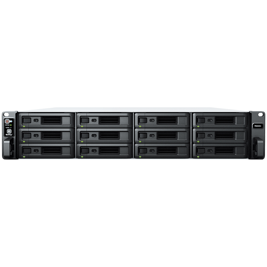 Synology RackStation RS2423+, Rack 2U, 12-bay 3.5''/2.5" SATA HDD/SSD, AMD Ryzen V1780B 4-core 3.35(base)/3.6 (turbo)GHz,8 GB DDR4 ECC UDIMM,2 x RJ-45 1 GbE LAN,1 x RJ-45 10 GbE LAN,2xUSB 3.2
