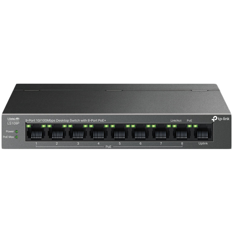 TP-Link LS109P 9-Port 10/100 Mbps Desktop Switch with 8-Port PoE+, 8× 10/100 Mbps PoE+ Ports, 1× 10/100 Mbps Non-PoE Port, 802.3at/af, 63 W PoE Power, Desktop Steel Case, Extend Mode for 250m