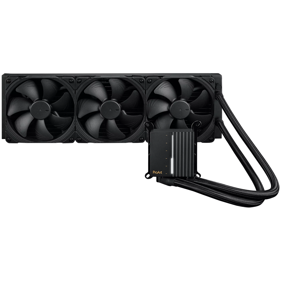 ASUS ProArt LC 420 all-in-one CPU liquid cooler with illuminated system status meter and three Noctua NF-A14 industrialPPC-2000 PWM 140mm radiator fans