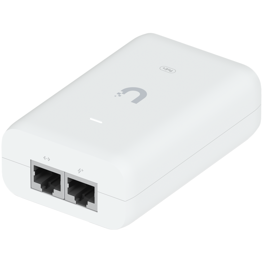 UBIQUITI PoE+ Adapter; Delivers up to 30W of PoE+; Additional power drives devices such as U6 LR, U6 Enterprise, Camera DSLR, and other PoE+ devices; Surge, peak pulse, and overcurrent protection; Contains RJ45 data input, AC cable with earth ground, and PoE+ output; LED indicator for status monitoring.