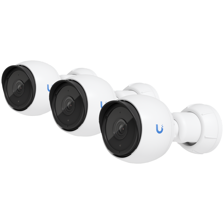 UBIQUITI G4 Bullet 3-pack;  2K (4MP) video resolution; Flexible 3-axis adjust mount; 9 m (30 ft) IR night vision; AI event detections; Record audio with an integrated microphone; Connect and power using PoE; Ruggedized metal enclosure; Weatherproof (outdoor exposed).