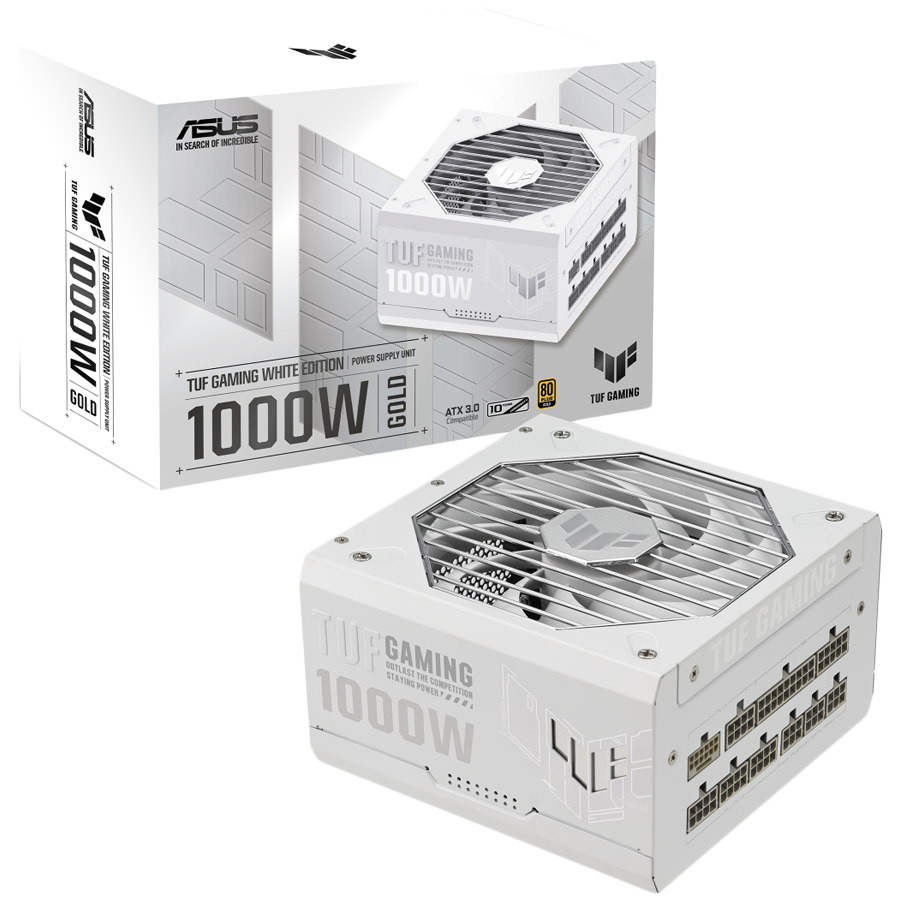 ASUS TUF Gaming 1000W 80 Plus Gold White Edition napajalnik, ATX 3.0 compatible, Fully modular etched cables, Military-grade Certification, Axial-tech fan design, Dual ball fan bearings, protective PCB coating, 10-year warranty