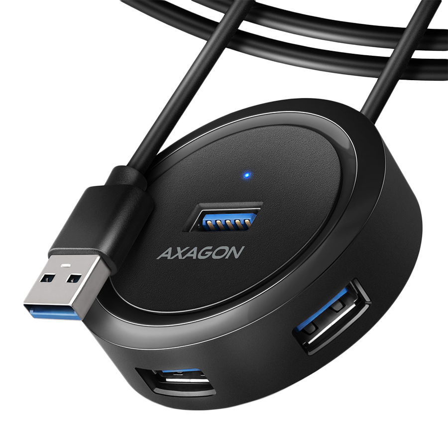 Universal four-port USB 3.2 Gen 1 hub. Connector for external power supply. USB-A cable 30 cm.