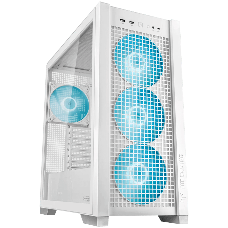ASUS TUF Gaming GT302 ARGB ATX/EATX računalniško ohišje, kaljeno steklo, štirje 140 x 28mm ARGB ventilatorji, podpora za BTF osnovne plošče, belo