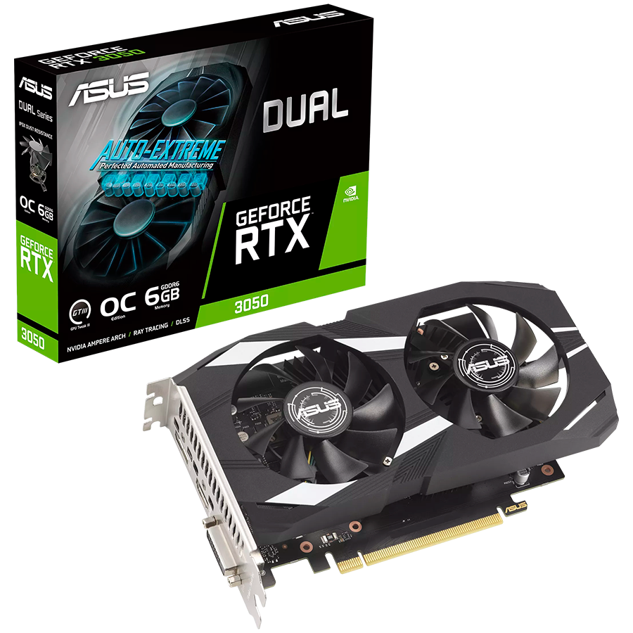 ASUS Dual GeForce RTX 3050 OC Edition 6GB GDDR6 grafična kartica with two powerful fans AAA gaming performance and ray tracing, PCIe 4.0, 1xDVI-D, 1xHDMI 2.1, 1xDisplayPort 1.4a