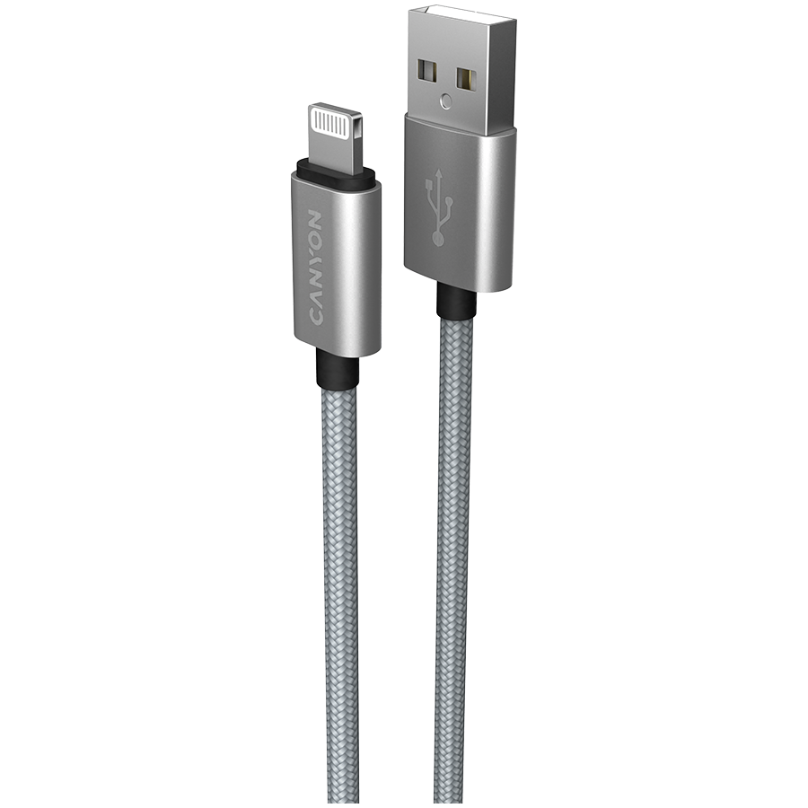 CANYON MFI-3, MFI pleten kabel za polnjenje in sinhronizacijo s kovinsko lupino, USB na lightning, certificiran s strani Apple, dolžina kabla 1m, premer 0,28 mm, temno siv.