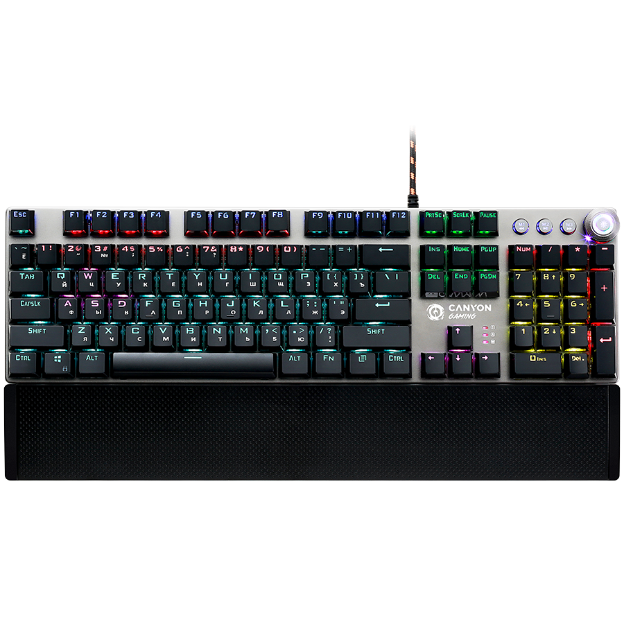 CANYON Nightfall GK-7, Wired Gaming Keyboard,Black 104 mechanical switches,60 million times key life, 22 types of lights,Removable magnetic wrist rest,4 Multifunctional control knobs,Trigger actuation 1.5mm,1.6m Braided cable,RU layout,dark grey, size:435*125*37.47mm, 840g