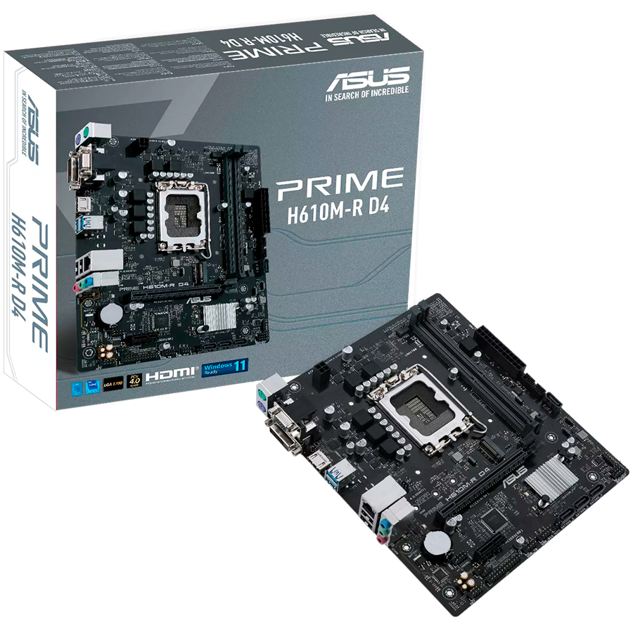 ASUS PRIME H610M-R D4-SI LGA1700 mATX matična plošča - Intel H610 2xDIMM DDR4 1xM.2 4xSATA PCIe 4.0 1Gb Ethernet 1xD-SUB 1x DVI-D 1xHDMI with COM, LPT and TPM header