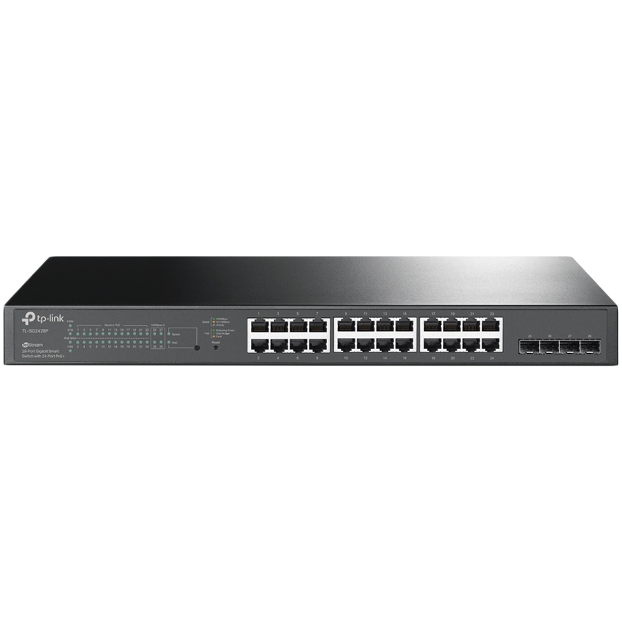 TP-Link SG2428P Omada 28-Port Gigabit Smart Switch with 24-Port PoE+, 24× Gigabit 802.3af/at PoE+ ports and 4× Gigabit SFP slots, 250 W total PoE budget, Omada app, Static Routing, VLAN, ACL,