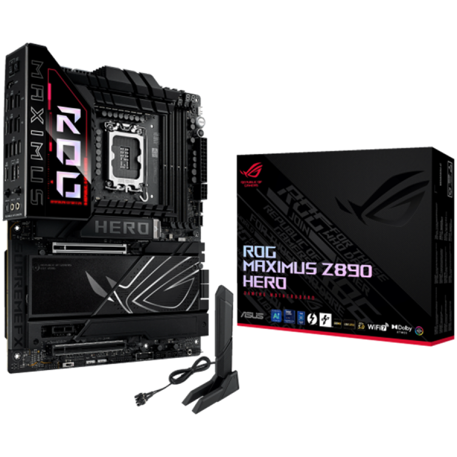 ASUS ROG MAXIMUS Z890 HERO LGA1851 ATX osnovna plošča - Intel Z890, 4xDDR5, 6xM.2, 1xSlimSAS, 4xSATA,5Gb+2.5Gb LAN, WiFi 7, BT, 1xHDMI, 2xTB4 porta (USB Type-C), Aura Sync