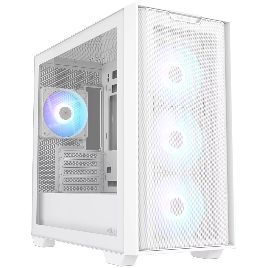 ASUS A21 PLUS microATX računalniško ohišje, kaljeno steklo, štirje 120mm ARGB ventilatorji, podpora za BTF osnovne plošče, belo