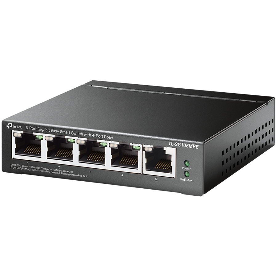 5-Port Gigabit Easy Smart Switch with 4-Port PoE+ 4× Gigabit PoE+ Ports, 1× Gigabit Non-PoE Ports 802.3af/at, 120 W PoE Power, Desktop Steel Case PoE Auto Recovery, MTU/Port/Tag-based VLAN, Q