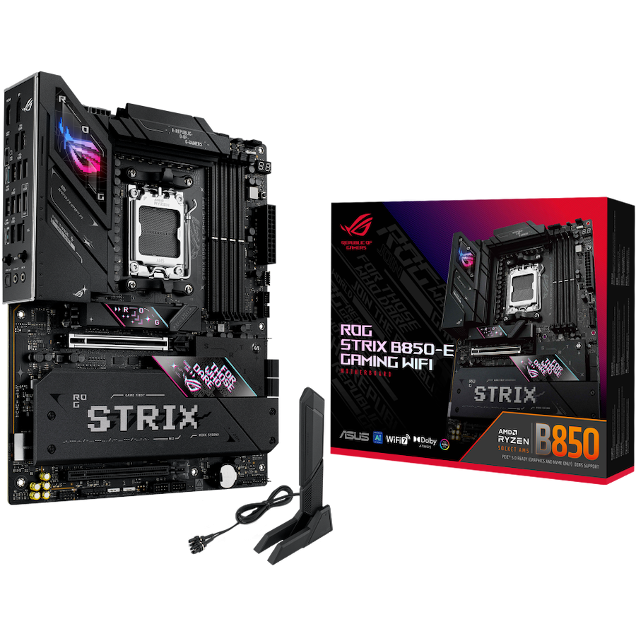 ASUS ROG STRIX B850-E GAMING WIFI AM5 ATX osnovna plošča - AMD B850, 4xDDR5, 5xM.2, 4xSATA, 5Gb LAN, WiFi 7, BT, 1xDP, 1xHDMI, 1xUSB4 40Gbps port (USB Type-C), Aura Sync