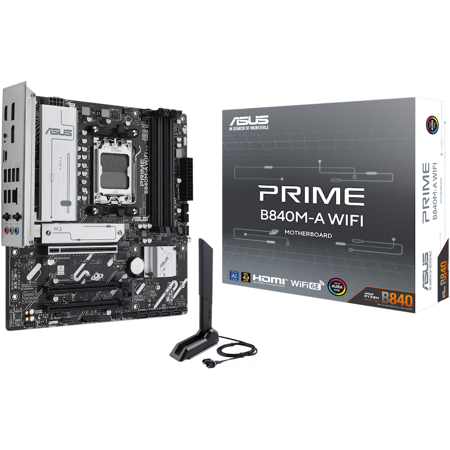 ASUS PRIME B840M-A WIFI AM5 mATX osnovna plošča - AMD B840, 4xDDR5, 3xM.2, 4xSATA, 2.5Gb LAN, WiFi 6E, BT, 2xDP, 1xHDMI, Aura Sync