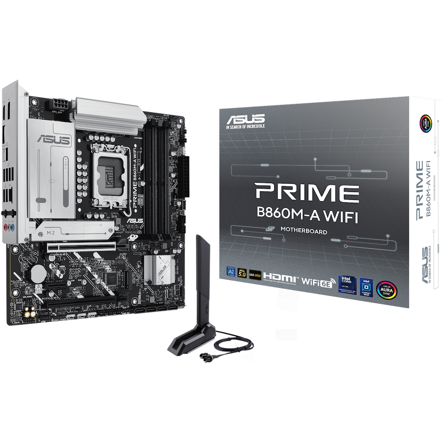 ASUS PRIME B860M-A WIFI LGA1851 mATX osnovna plošča - Intel B860, 4xDDR5, 2xM.2, 4xSATA, 2.5Gb LAN, WiFi 6E, BT, 2xDP, 1xHDMI, Aura Sync