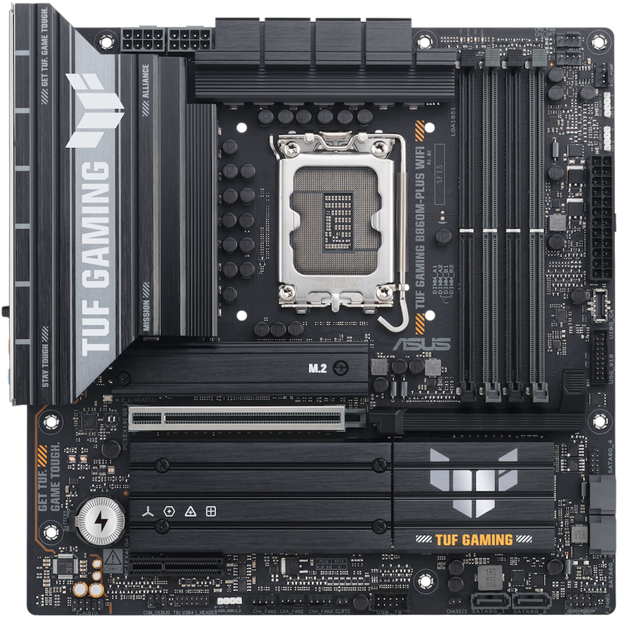 ASUS TUF GAMING B860M-PLUS WIFI LGA1851 mATX osnovna plošča - Intel B860, 4xDDR5, 3xM.2, 4xSATA, 2.5Gb LAN, WiFi 7, BT, 1xDP, 1xHDMI, 1xUSB 20Gbps port (USB Type-C), Aura Sync