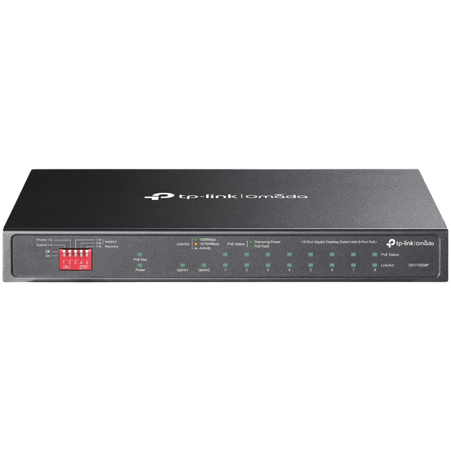 Omada 10-Port Gigabit Desktop Switch with 8-Port PoE+ 8× Gigabit PoE+ Ports, 2x Gigabit Non-PoE Ports, 1× Combo Gigabit SFP Slot 802.3at/af, 123 W PoE Power,  Desktop Steel Case Extend Mode f