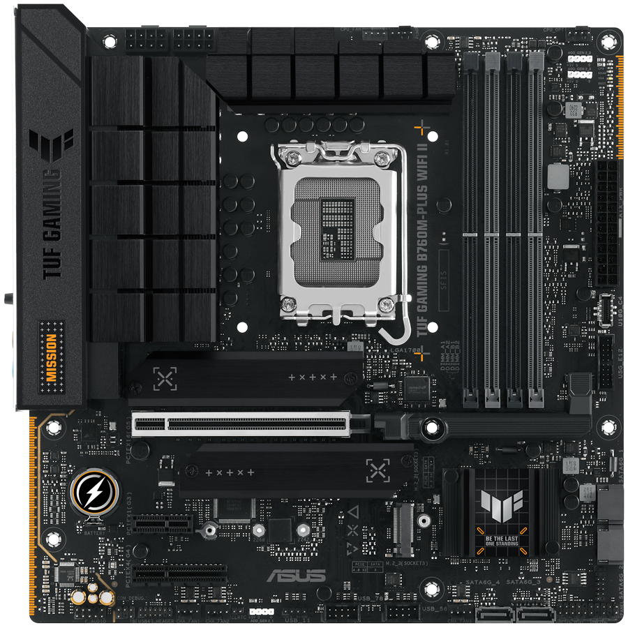 ASUS TUF GAMING B760M-PLUS WIFI II LGA1700 mATX osnovna plošča - Intel B760, 4xDDR5, 3xM.2, 4xSATA, 2.5Gb LAN, WiFi 6E, BT, 1xDP, 1xHDMI, Aura Sync