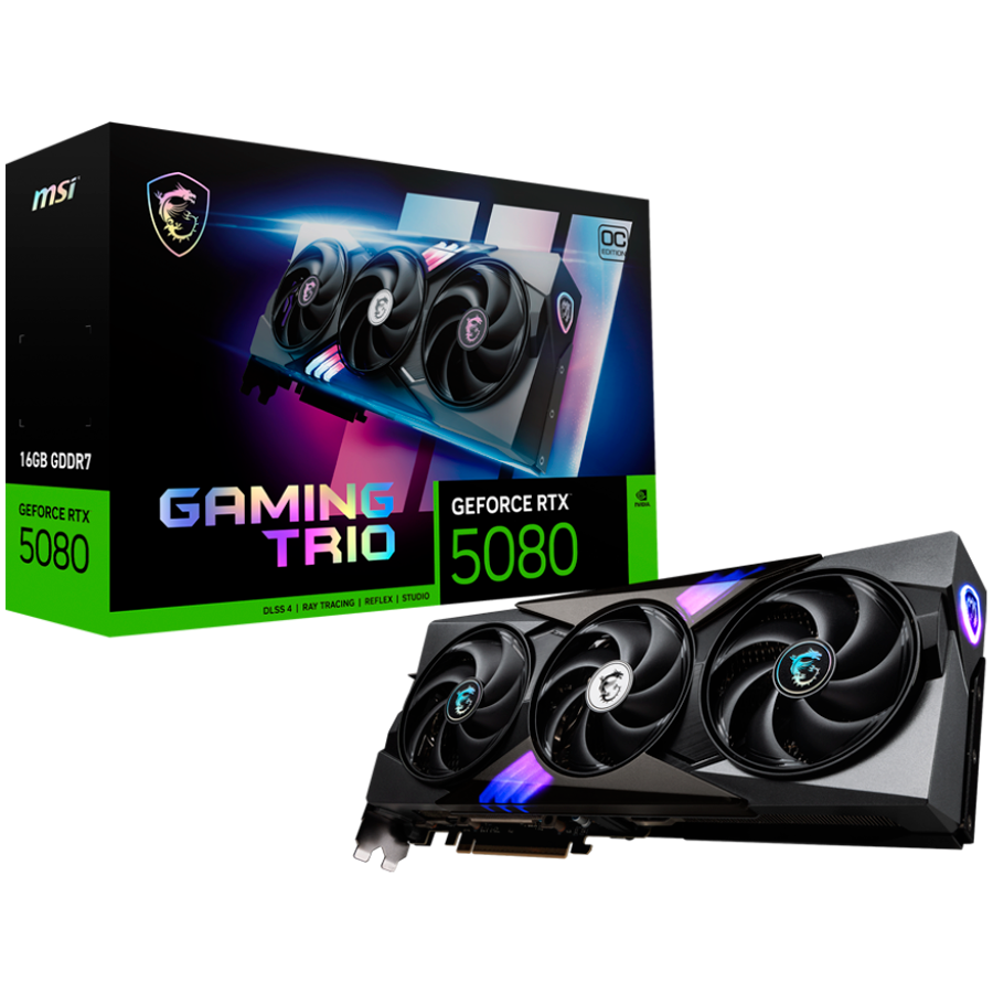 MSI Video Card Nvidia Gaming GeForce RTX 5080 16GB GDDR7 PCI Express 5.0 Video Card RTX 5080 16G GAMING TRIO OC