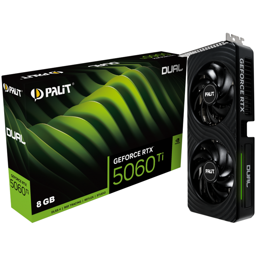 PALIT GeForce RTX 5060 Ti Dual 8GB GDDR7 128 bit, 1x HDMI 2.1b, 3x DP 2.1b, 2 Fan, 1x 8-pin pwr connector, 600W, 262.1 x 126.3 x 40.1 mm, NE7506T019P1-GB2062D