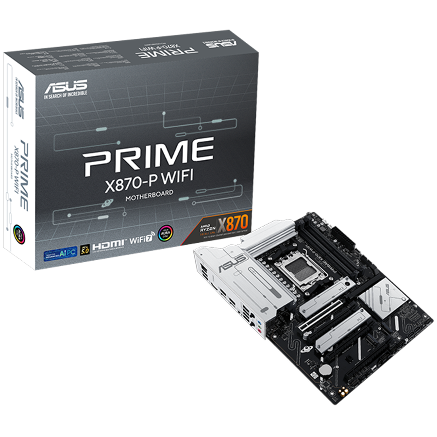 ASUS PRIME X870-P WIFI AM5 ATX osnovna plošča - AMD X870, 4xDDR5, 4xM.2, 2xSATA, 2.5Gb LAN, WiFi 7, BT, 1xHDMI 2xUSB4 40Gbps porta (USB Type-C), Aura Sync