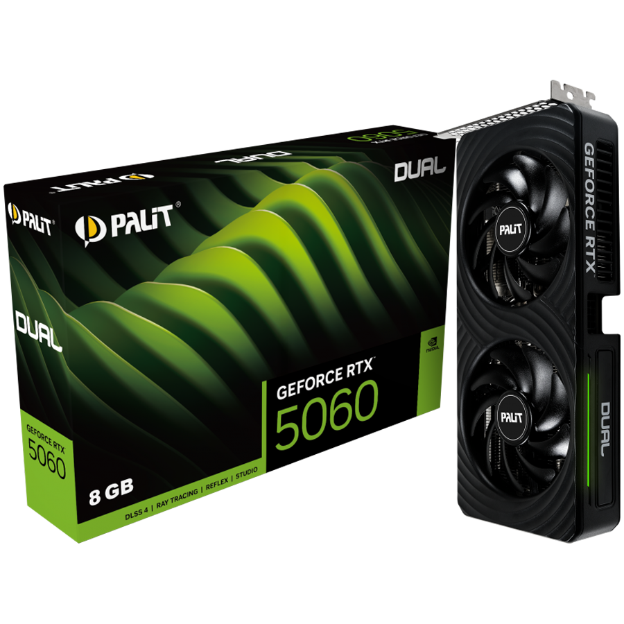 PALIT GeForce RTX 5060 Dual 8GB GDDR7 128 bit, 1x HDMI 2.1b, 3x DP 2.1b, 2 Fan, 1x 8-pin pwr connector, 550W, 262.1 x 126.3 x 40.1 mm, NE75060019P1-GB2063D