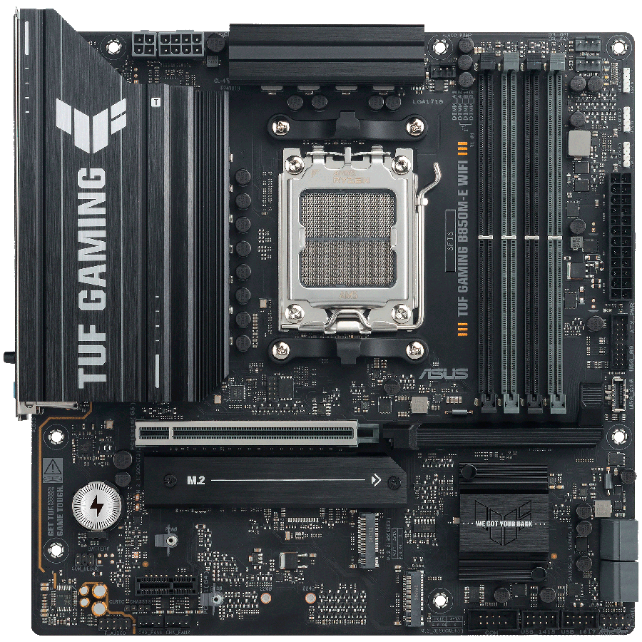 ASUS TUF GAMING B850M-E WIFI AM5 mATX osnovna plošča - AMD B850, 4xDDR5, 3xM.2, 4xSATA, 2.5Gb LAN, WiFi 6E, BT, 2xDP, 1xHDMI, Aura Sync