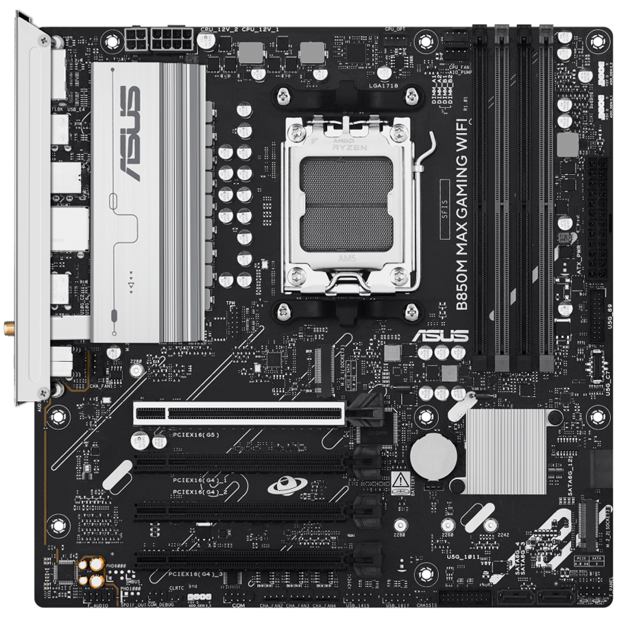 ASUS B850M MAX GAMING WIFI AM5 mATX osnovna plošča - AMD B850, 4xDDR5, 3xM.2, 4xSATA, 1Gb LAN, WiFi 6, BT, 1xDP, 1xHDMI, Aura Sync