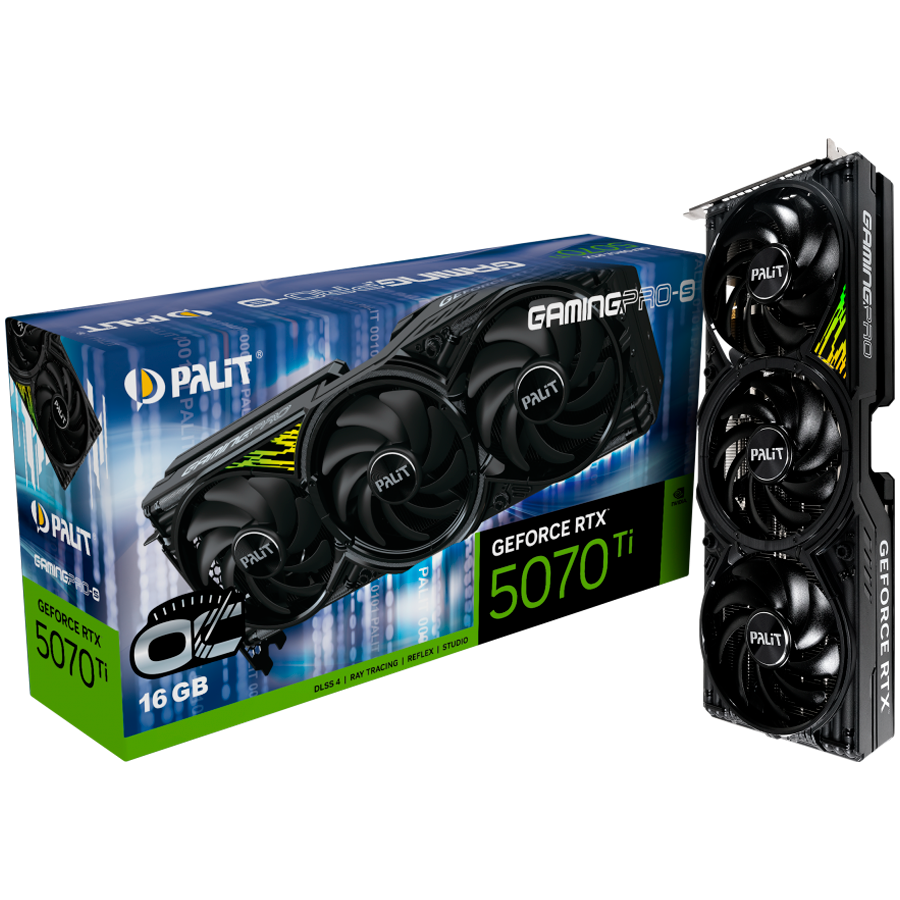 PALIT GeForce RTX 5070 Ti GamingPro-S OC 16GB GDDR7 256 bit, 1x HDMI 2.1b, 3x DP 2.1b, 3 Fan, 1x 16-pin pwr connector, 750W, 331.9 x 127.1 x 49.7 mm, NE7507TS19T2-GB2031U