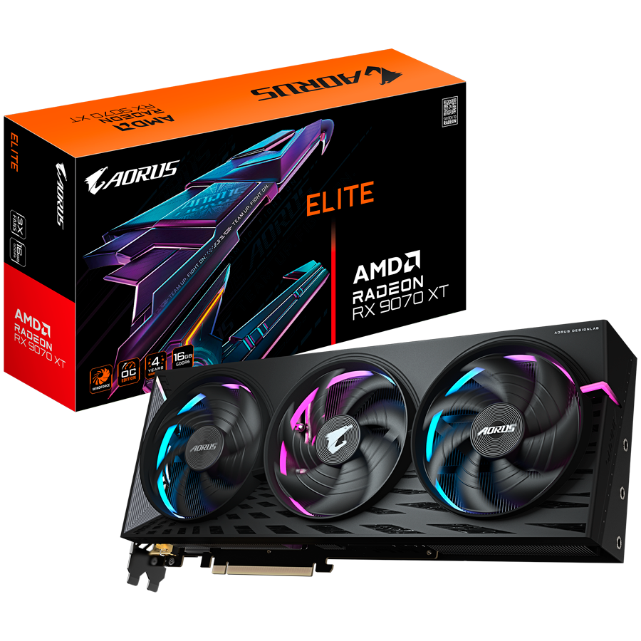 GIGABYTE AORUS Radeon RX 9070 XT ELITE 16G GDDR6 grafična kartica, PCIe 5.0, 2xHDMI 2.1b, 2xDisplayPort 2.1a