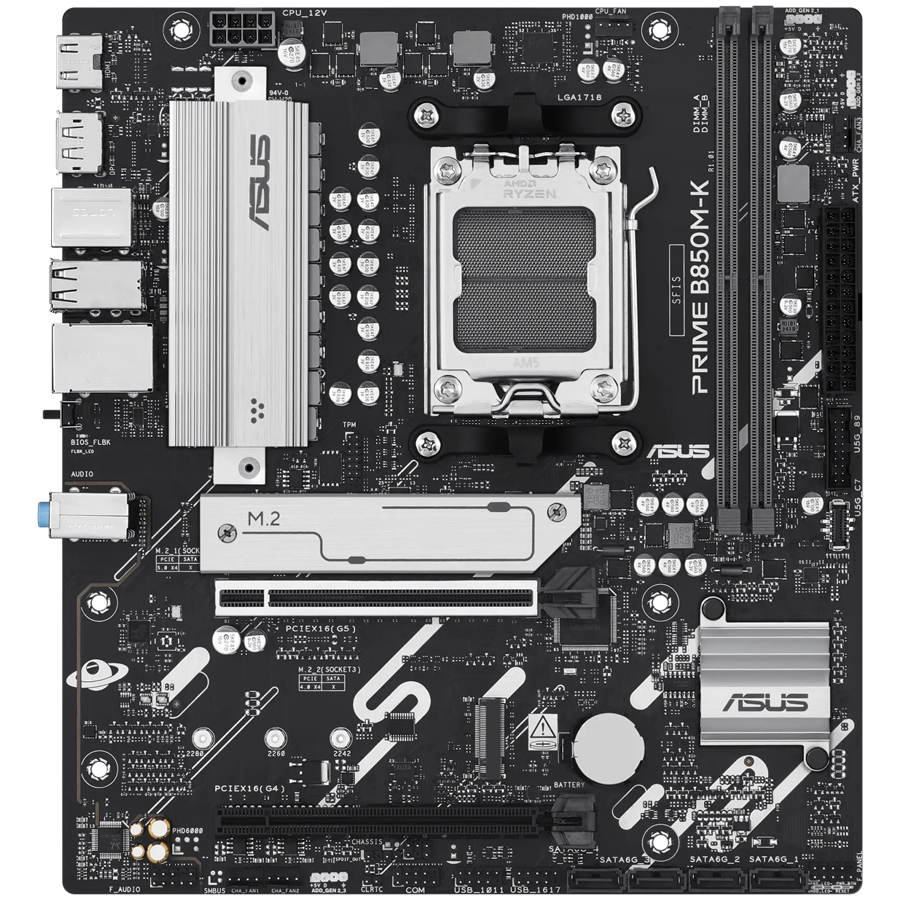 ASUS Main Board Desktop Socket AM5 AMD B850 Chipset 2 x DIMM slots, max. 128GB, DDR5 1 x DisplayPort 1 x HDMI 2 x M.2 4 x SATA micro-ATX Form Factor