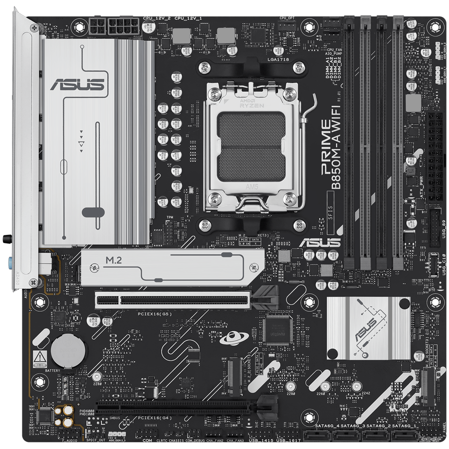 ASUS Main Desktop AMD Socket AM5 AMD B850 Chipset 4 x DIMM slots, max. 256GB 2 x DisplayPort 1 x HDMI port 1 x Wi-Fi module 3 x M.2 slots 4 x SATA mATX Form Factor