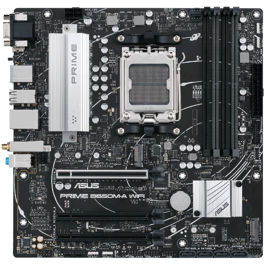ASUS MB PRIME B650M-A WIFI II (B650 AM5 4 x DIMM DDR5 1 x DisplayPort 1 x VGA port 1 x HDMI port M.2 4 x SATA Wi-Fi 6  BT5.2 mATX)