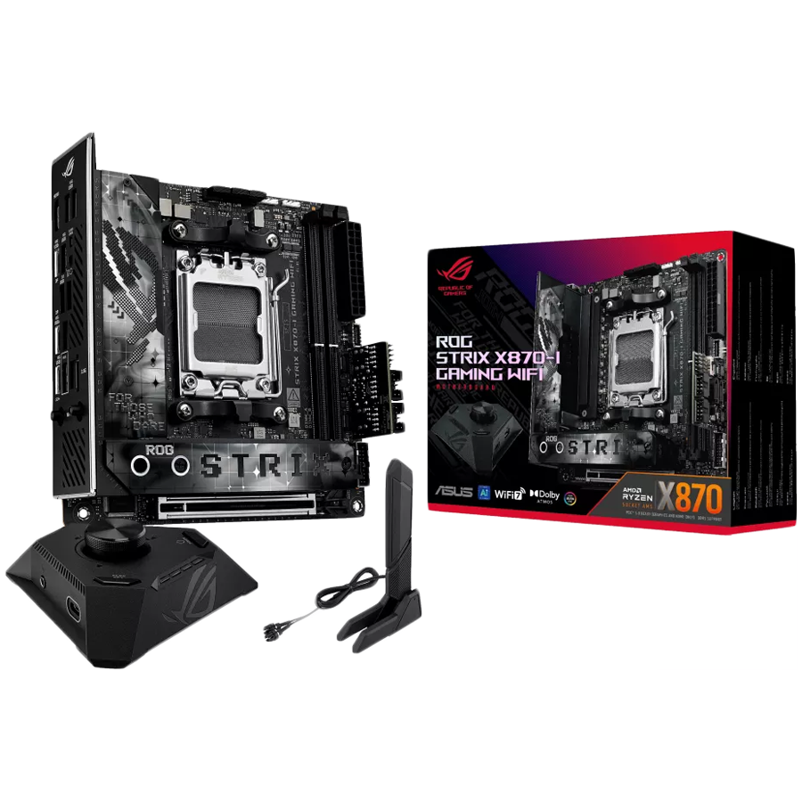 ASUS ROG STRIX X870-I GAMING WIFI AM5 mini-ITX osnovna plošča - AMD X870, 2xDDR5, 2xM.2, 2xSATA, 2.5Gb LAN, WiFi 7, BT, 1xHDMI 2xUSB4 40Gbps porta (USB Type-C), Aura Sync