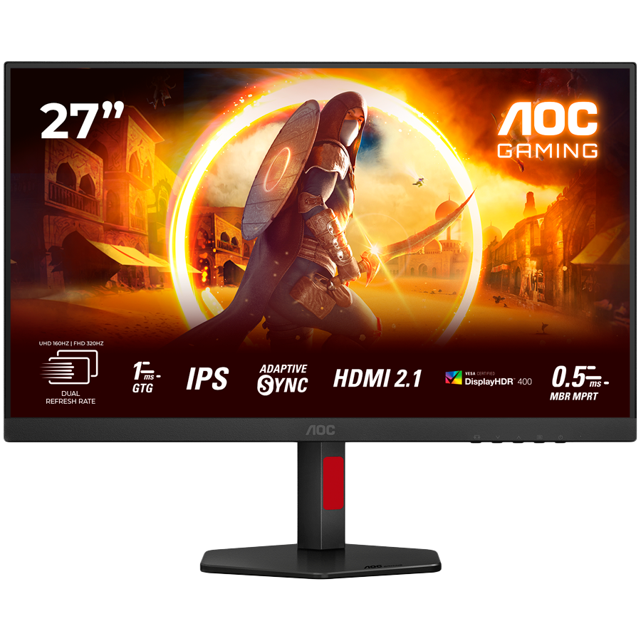 AOC Monitor Gaming U27G4R 27" Fast IPS, 3840x2160, dual frame (4K 160Hz, FHD 320Hz), 1ms (GTG), 400cd/m2, 1000:1, Adaptive Sync, HDR 400, 2x HDMI, 1x DP, USB hub, Full Ergo
