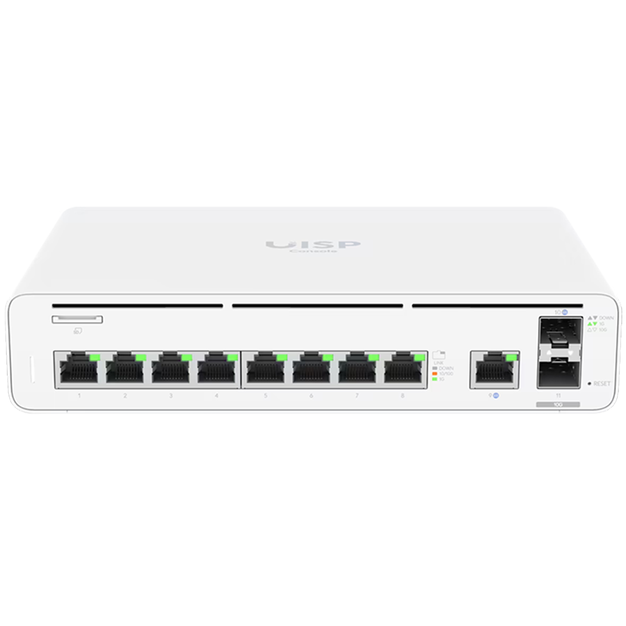 Ubiquiti UISP UISP-CONSOLE-EU 9x GbE RJ45 ports, 2x 10G SFP+ ports, Up to 8,500 Mbps NAT throughput, Additional Power TransPort input for DC redundancy, 1U rack or wall-mountable (kits included)