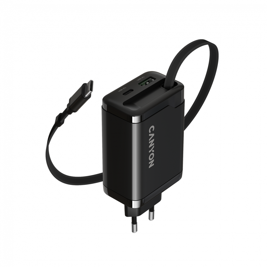 CANYON charger OnCharge 65RC Build-In Cable USB-C 65W 1xPD 1xQC EU Black