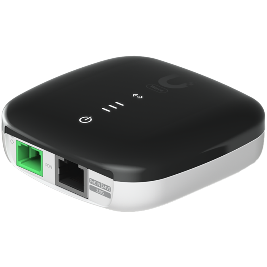 Ubiquiti GPON port, GbE RJ45 LAN port and 24V PoE in, 2.5 GbE, 1.2 Gbps uplink / 2.5 Gbps downlink