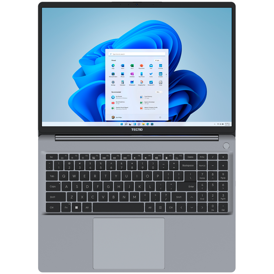 TECNO Megabook K16SDA AMD R5-7430U up to 4.3GHz 16-inch FHD IPS 16:10 1920x1200 300nits 60Hz RAM 16Gb SSD 1Tb 70Wh 17.5 hours Cam 1Mp 720p AI WiFi5 BT 5.0 RJ45 2xTypeC Full 2xUSB3.1 HDMI Finger print QWERTY EN Backlight All metal Winows 11H Gray