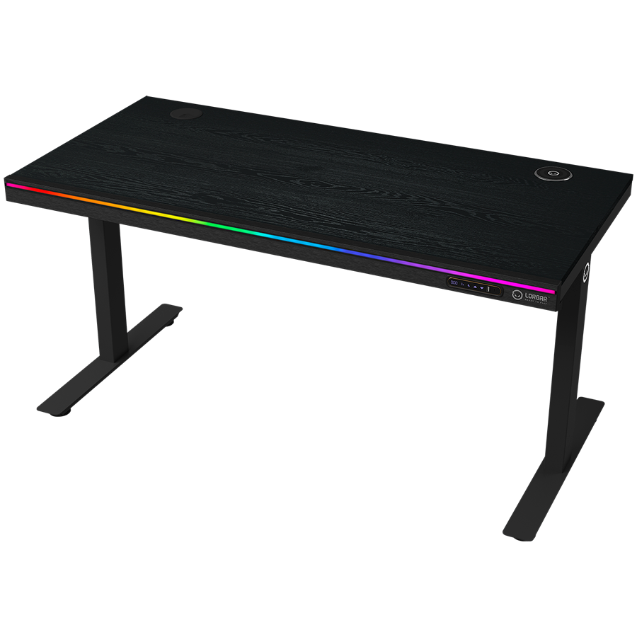 Dual-motor sit/stand adjustable-height gaming desk with wireless charger, RGB lighting, control panel, and USB ports, PB melamine surface tabletop, black.