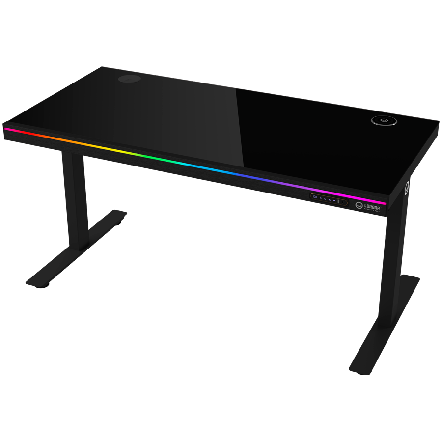 Dual-motor sit/stand adjustable-height gaming desk with wireless charger, RGB lighting, control panel, and USB ports, solid tempered glass tabletop, black.