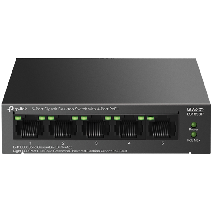 TP-Link LS105GP 5-Port Gigabit Desktop Switch with  4-Port PoE+, 4x Gigabit PoE+ Ports, 1x Gigabit Non-PoE Port, 802.3af/at, 65 W PoE Power, Desktop Steel Case, Extend Mode for 250m PoE Trans