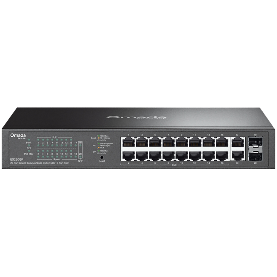 TP-Link ES220GP Omada 20-Port Gigabit Easy Managed Switch with 16-Port PoE+, 16x G PoE+ Ports, 2x G Non-PoE Ports, 2x G SFP Ports, 802.3at/af, 150 W PoE Power, 1U 13-inch Rack-mountable Steel