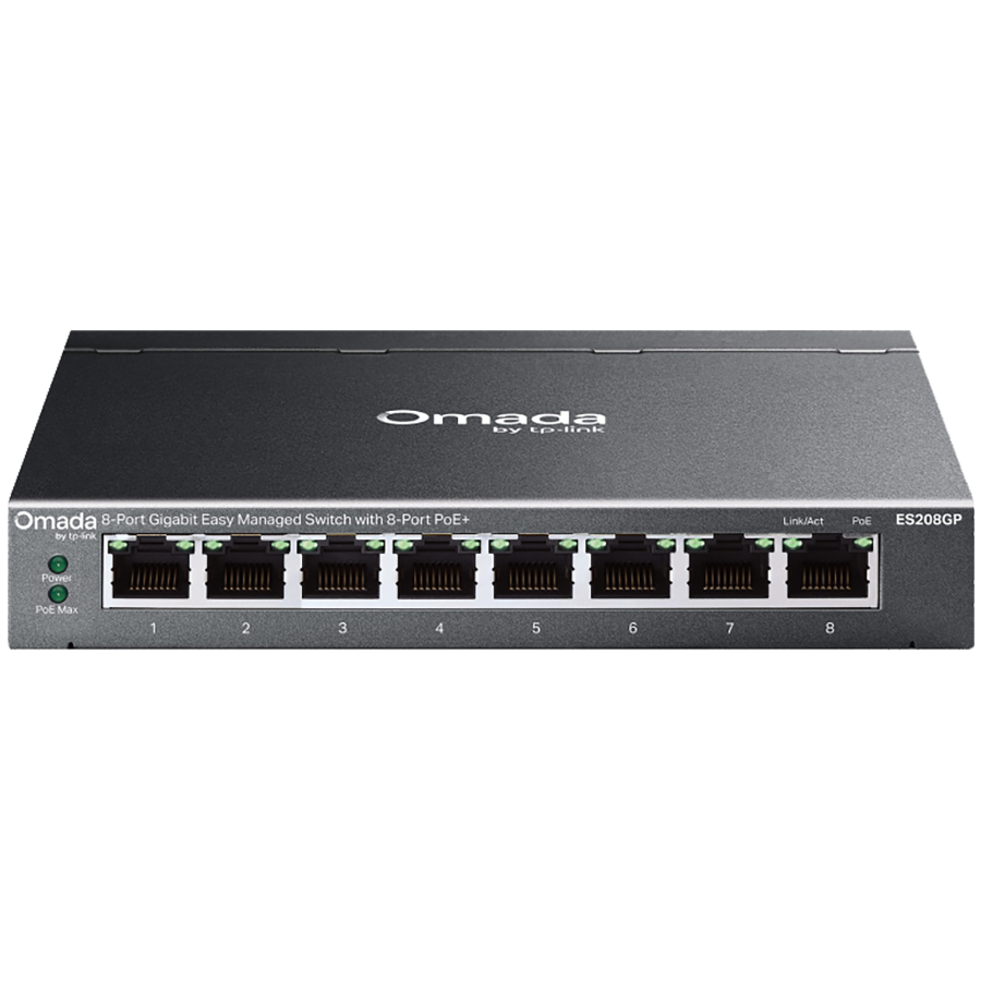 TP-Link ES208GP Omada 8-Port Gigabit Easy Managed Switch with 8-Port PoE+, 8x G PoE+ Ports, 802.3at/af, 64 W PoE Power,  Desktop Steel Case and Fanless,Omada App, Flow Control, Loopback Detec