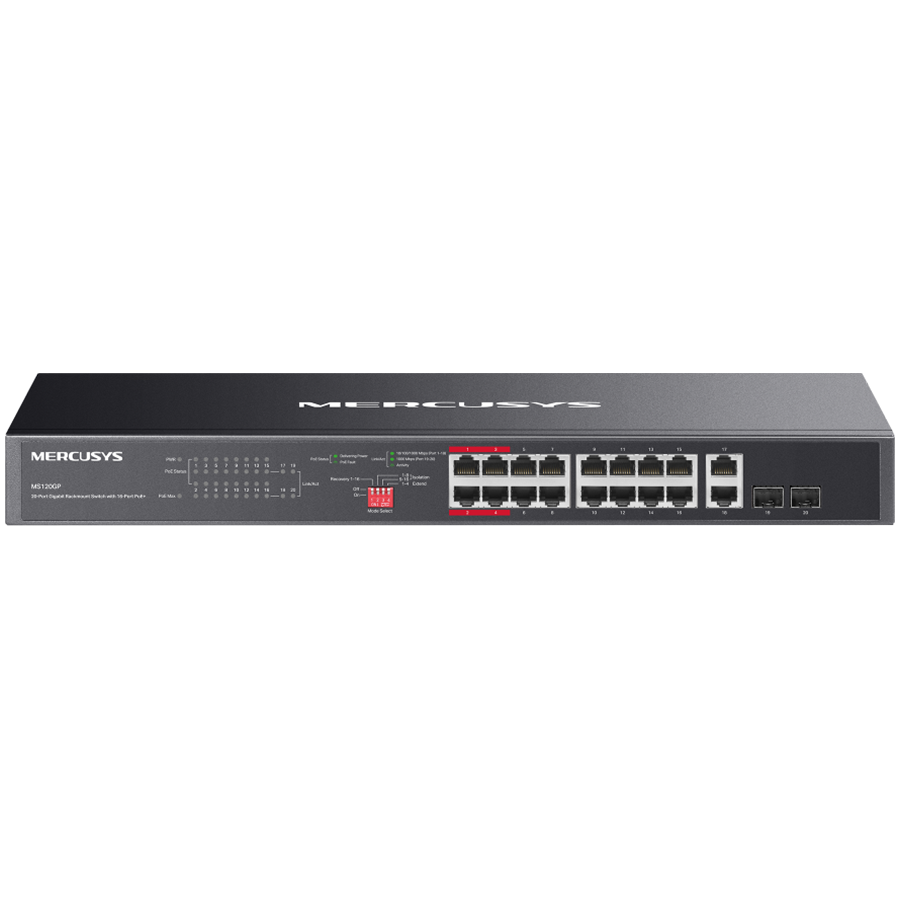 Mercusys MS120GP 20-Port Gigabit Rackmount Switch with 16-Port PoE+, 16x Gigabit PoE+ RJ45 ports, 2x Gigabit non-PoE RJ45 ports, and 2x Gigabit SFP slots, 192W PoE Power, Priority mode, Isola